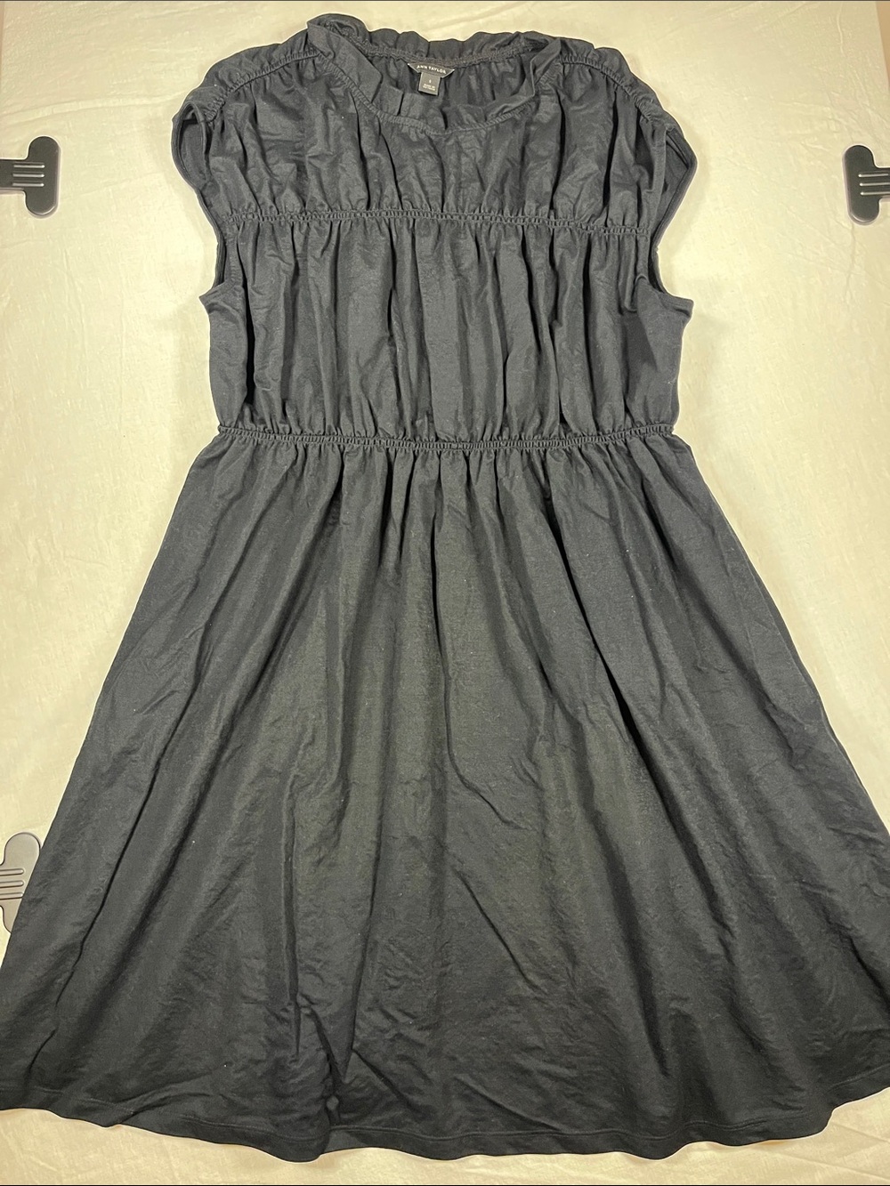 Ann Taylor Black VOILE RUCHED DRESS Size Small Parisian Victorian Minimalist